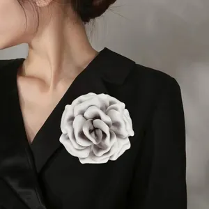 Elegant 10cm grey-white satin rose brooch for women suited for blazers and formal wear