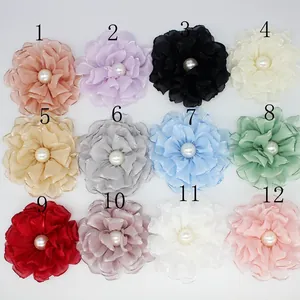 Chiffon peony floral pins with pearls in 12 colors for hair accessories and brooches