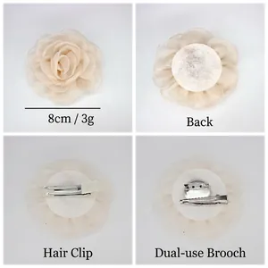 Détails de fleur de camélia en tissu beige 8 cm avec broche et pince à cheveux