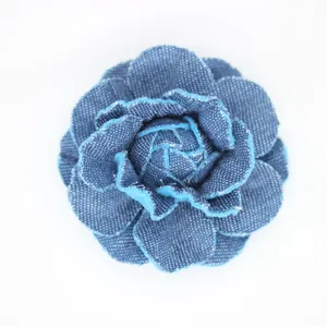 French vintage blue denim camellia flower hair accessory with distressed petal edges