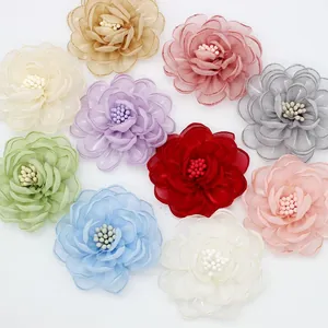 Assorted 10-color 3D organza camellia flower accessories with beaded centers for DIY crafts