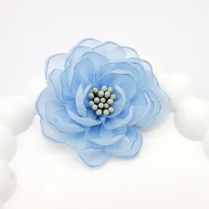 Exquisite 5cm light blue organza camellia flower accessory with layered petals and stamen