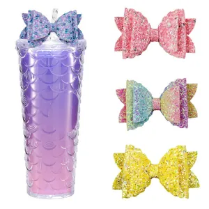 Glitter Bow Straw Topper Decoration For Tumbler Cup Accessory PU Leather Scalloped Bowknot With Elastic Band For Women Party