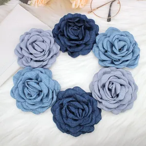Set of 9cm 3D denim camellia hair clips and brooches in various blue gradient shades