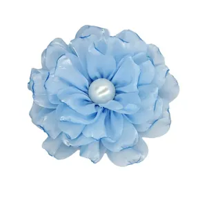 Elegant 10cm light blue fabric peony flower brooch and hair clip with center pearl
