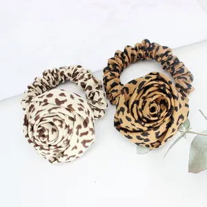 Leopard Print Rose Flower Scrunchie Fabric Hair Tie Vintage Elastic Hair Band For Women Fashion Hair Accessories