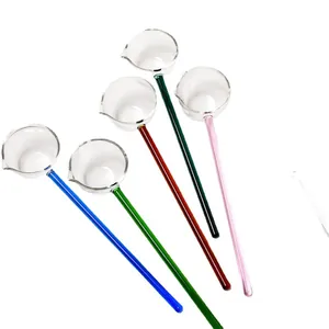 Colorful heat-resistant long handle glass spoons with pour spout for coffee tea