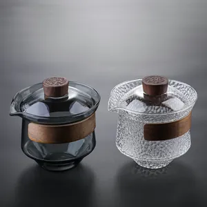 Heat Resistant Borosilicate Glass Gaiwan Tea Cup With Wood Anti-Scald Handle Cloud Engraved Knob Japanese Style Hammered Kung Fu Teaware