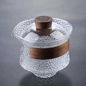 Japanese hammer pattern glass tea cup with heat-resistant wooden handle and cloud carving