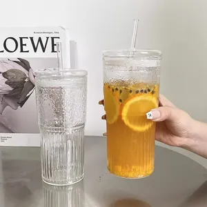 Two hammered glass cups with lids and straws, large capacity for iced tea or coffee