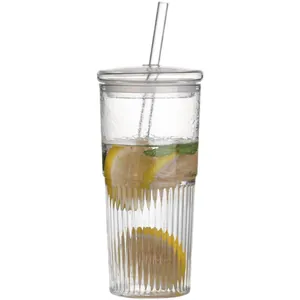 Large heat-resistant glass cup with hammer texture and straw for coffee or juice