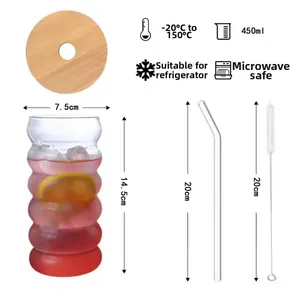 450ml caterpillar glass cup with bamboo lid, straw, and temperature specifications