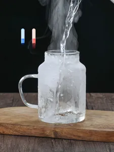 Heat-resistant glass mug showing temperature shock resistance from -20C to 150C