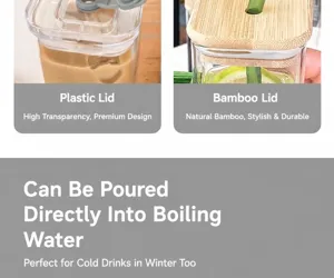 Heat-resistant square glass cup detail showing natural bamboo lid and direct flame heating