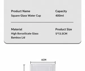 Detail of 400ml square borosilicate glass cup with bamboo lid and 13.5cm height