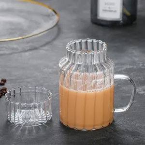 Ins style heat-resistant striped glass mug with handle and matching lid for tea or coffee
