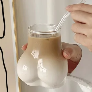 Creative butt-shaped glass coffee mug with straw for iced latte and aesthetic home decor