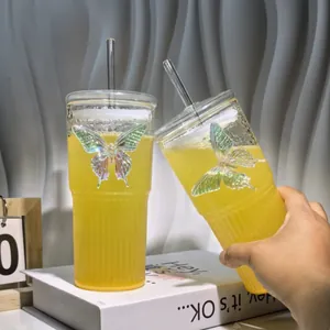 Χαριτωμένα γυάλινα ποτήρια με 3D πεταλούδα, καλαμάκι και καπάκι για το σπίτι