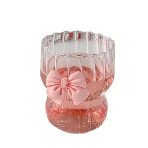 Pink ribbon heat resistant striped glass coffee cup with vertical ribs and sweet style