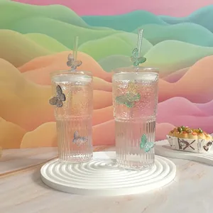 Butterfly Borosilicate Glass Straw Cup With Lid 3D Aesthetic Hammered Texture Fruit Tea Mug For Women Home Coffee Cup