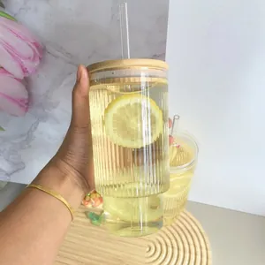 700ml vertical striped glass tumbler with bamboo lid and straw for iced lemon water