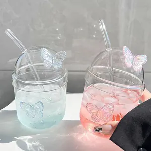 Set bicchieri in vetro a farfalla 2024 con coperchi a cupola e cannucce per tè freddo