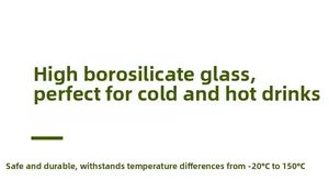 Borosilicate glass detail showing -20°C to 150°C temperature resistance and safe material