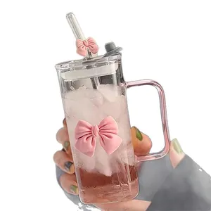 Gobelet en verre résistant à la chaleur avec paille et nœud rose, tasse avec poignée