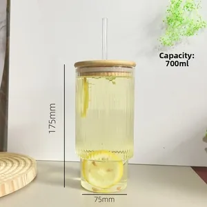 700ml ribbed glass cup with bamboo lid and straw showing detailed dimensions and capacity