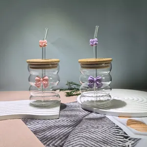 Creative glass cup with cute pink bow, bamboo lid and straw for juice and milk tea