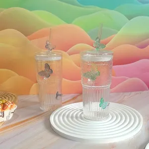 Creative glass straw cup with 3D butterfly decor and hammer pattern texture