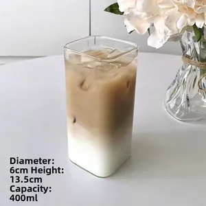 Detail view of square glass cup measuring 13.5cm height and 400ml capacity with dimensions