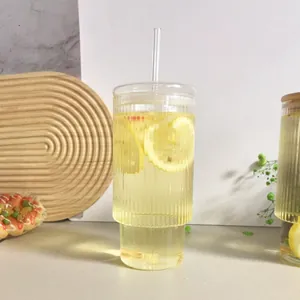 700ml vertical striped glass tumbler with straw for lemonade and cold brew coffee