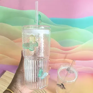 Creative butterfly glass tumbler with straw, featuring dual-texture and 3D gradient wings