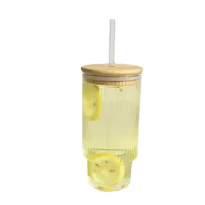 700ml high capacity glass straw tumbler with bamboo lid and textured ribbed surface