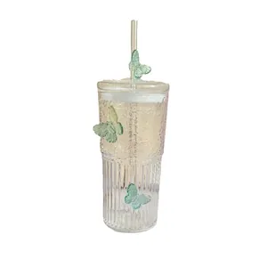 Ins-style butterfly glass tumbler with straw and lid featuring hammer textured finish