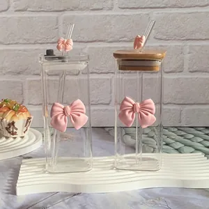 Square high borosilicate glass straw cups with pink bows and bamboo lids