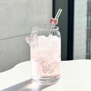 Bicchiere in Vetro Borosilicato Decorazione Farfalla 3D Rosa Forma di Lattina Bicchiere Resistente al Calore per Donna