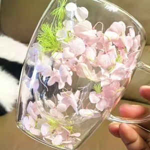 Double-walled glass coffee mug with pink dried flowers and integrated clear handle