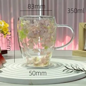 Detailed size parameters for the 350ml double-walled glass mug with pink flowers