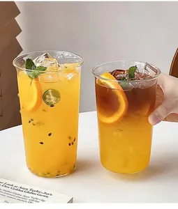 Minimalist high borosilicate glass cups showing fresh cold fruit tea and coffee drinks