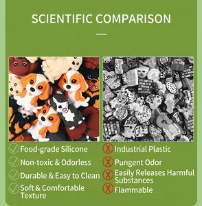 Detail of food-grade silicone dog charms showing non-toxic material and durable texture