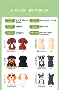 Detailed size specifications and weight chart for 3D dog-shaped silicone beads set