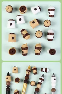 Detail view of various 3D coffee-themed silicone beads for DIY jewelry and pen accessories
