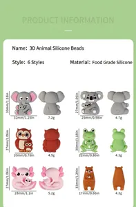 Tabla de tallas detallada de cuentas de silicona 3D con formas de elefante y koala