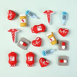 DIY medical theme silicone beads featuring red heart, pill bottle, and thermometer charms