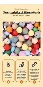 Silicone beads material guide showing 15mm round and hexagon beads with heat resistance info