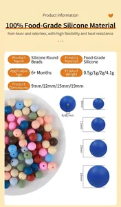 Size chart for 9mm to 19mm food-grade silicone beads with diameter and weight details