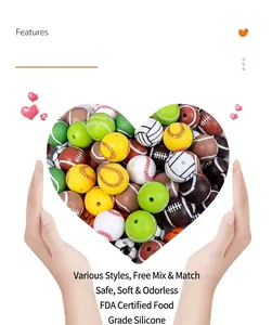Macro view of assorted silicone sports ball beads held in hands forming a heart shape
