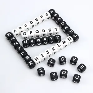 12mm Siliconen Alfabet Kralen Vierkante Kubus A-Z Letter Kralen Voor DIY Ketting Armband Speenkoord Maken Voedselveilig BPA-Vrij